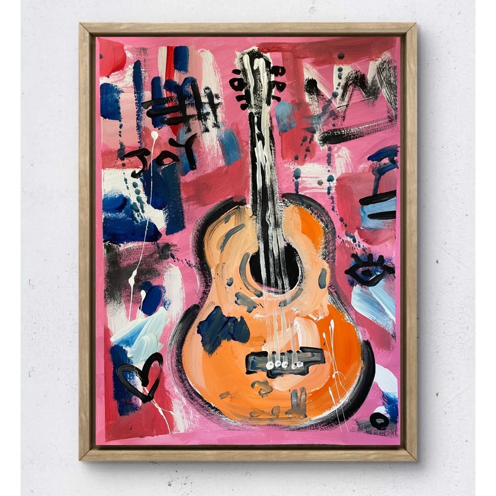 Original Abstract Guitar Painting Pink Neo-Expressionist Street Art 9x12 Paper